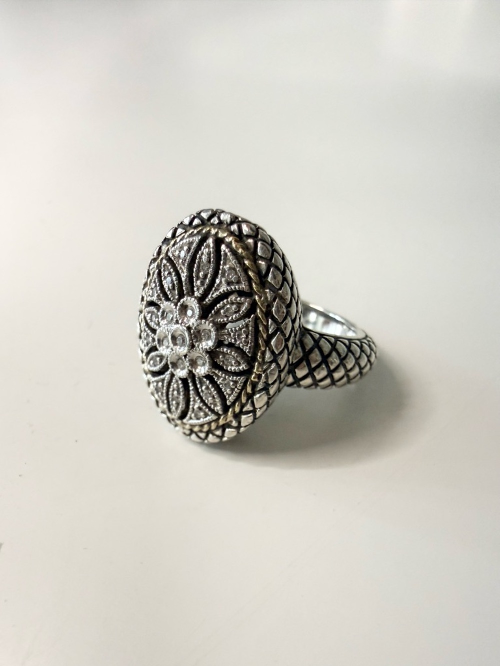 Andrea Candela (Birks) Silver & 18K Gold Filigree Diamond Oval Ring - Size 7 - Picture 3 of 6